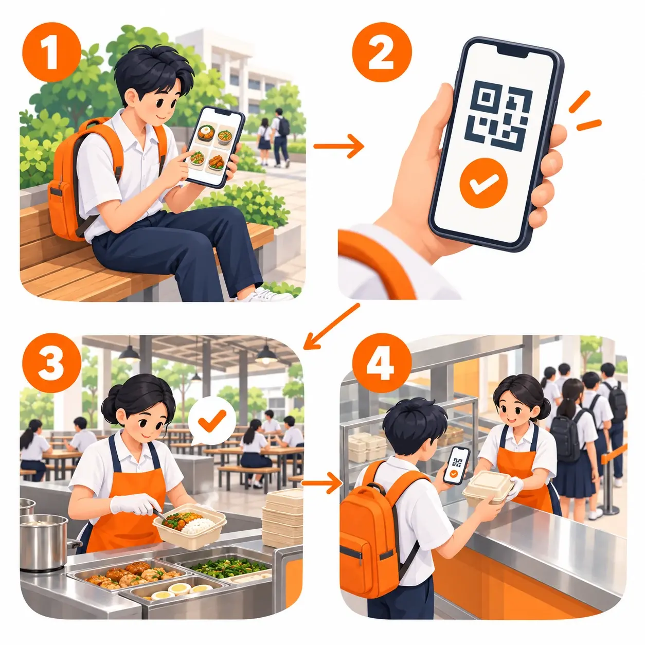 ภาพ 4 ขั้นตอนในมหาวิทยาลัย: นักศึกษาเลือกอาหารบนมือถือ ชำระผ่าน QR ร้านปรุงและจัดอาหาร แล้วนักศึกษาแสดงรหัสออเดอร์เพื่อรับอาหารที่เคาน์เตอร์