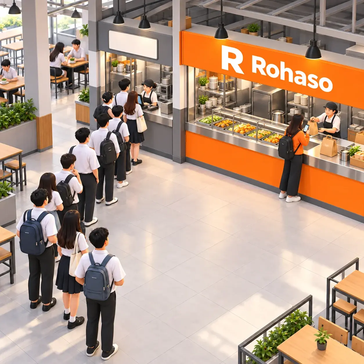 ภาพจำลองโรงอาหารมหาวิทยาลัย นักศึกษาต่อแถวยาวหน้าร้านสีเทาขนาดเล็กทางซ้าย ส่วนร้านสีส้มขนาดใหญ่พร้อมโลโก้ Rohaso ทางขวาส่งมอบอาหารให้นักศึกษาที่แสดงรหัสบนมือถือ